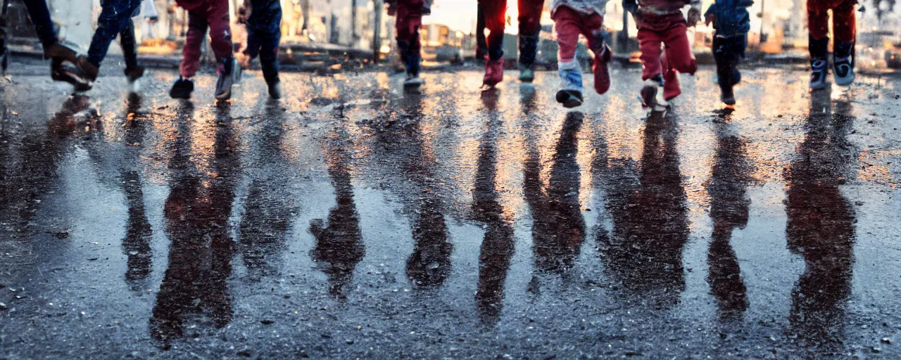 Prompt: several very tiny people running into a storm drain, twilight, reflections on wet pavement