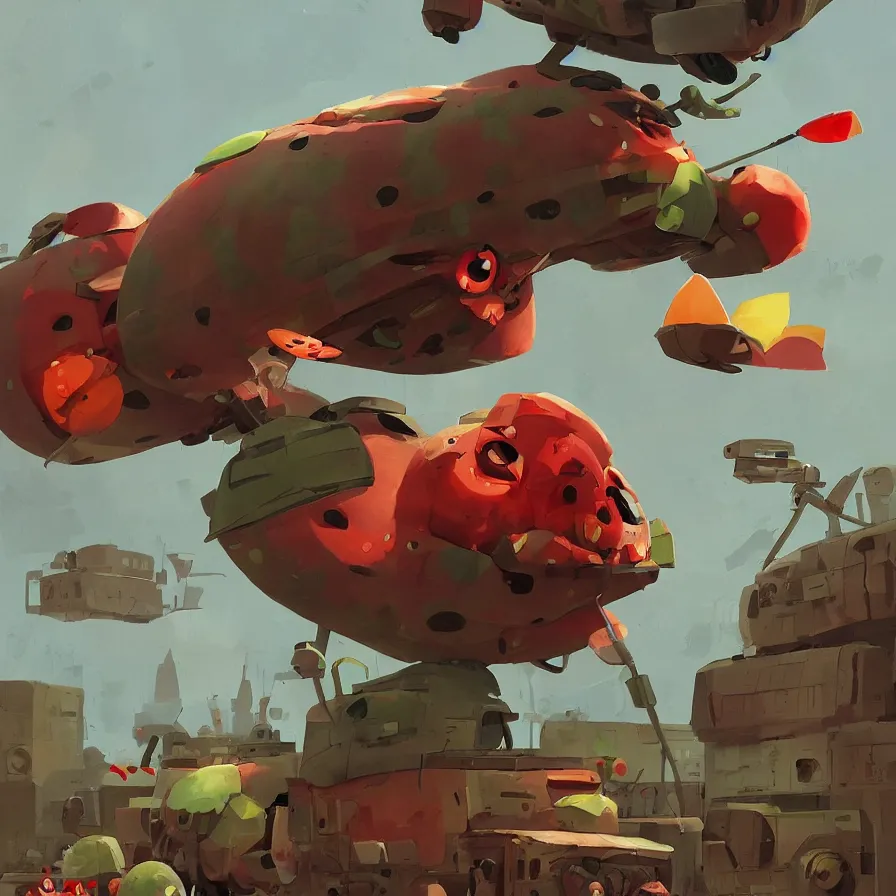 Image similar to Goro Fujita illustrating a watermelon military machine defending a city, art by Goro Fujita, sharp focus, highly detailed, ArtStation