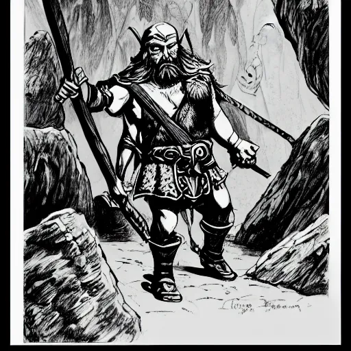 Image similar to line drawing of a fantasy dwarf fighter with a huge iron axe, sunny day, matte painting, bold shapes, hard edges, 7 0 s dungeons and dragons book cover art by greg irons, dave sutherland