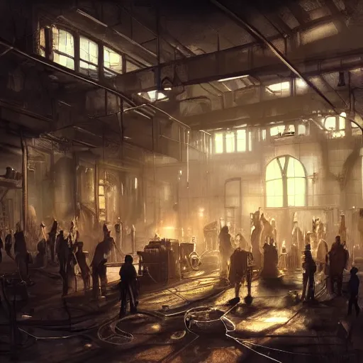 Prompt: a busy underground steampunk workshop, light shafts coming through windows, volumetric lightning, concept art, steampunk, fantasy, mechanical