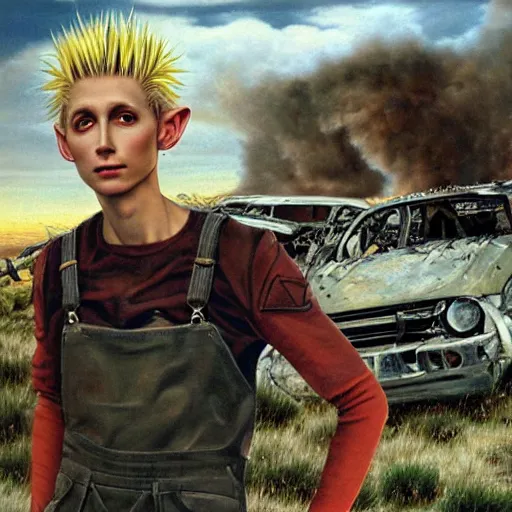 Image similar to a skinny elf with spiky blonde hair wearing dark brown overalls and holding dynamite standing next to a destroyed car, painting by Jim Burns