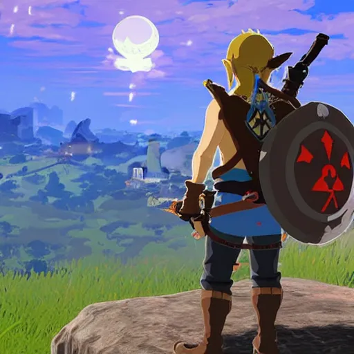 Image similar to a screencap of the legend of zelda breath of the wild, of one piece's darth vader in breath of the wild