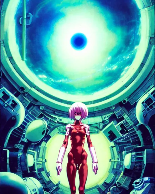 Image similar to female anime character, rei ayanami, cyborg, in the center giygas, inside a space station, eye of providence, by noriyoshi ohrai, by zdzisław beksinski, by finnian macmanus, vivid, by wojtek siudmak, to eye hellscape, mind character, environmental