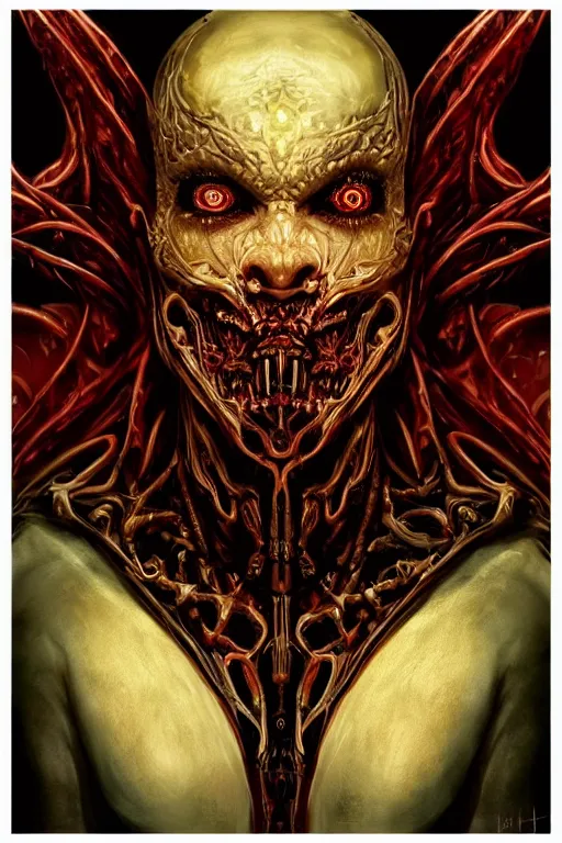 Image similar to Elden Ring and Star Wars themed painting of majestic crimson biomechanical satanic infernal demon human hybrid beautiful undead angel symmetrical angry mask closeup face angry mask closeup tattoo pattern golden ratio concept, Neo-Gothic concept, infinity glyph waves, intricate artwork masterpiece, very coherent artwork, cinematic, full frontal facial features by Artgerm, art by H.R. Giger, Takato Yamamoto, Zdizslaw Beksinski, Johnatan Wayshak, Moebius, Ayami Kojima, very anatomically coherent artwork, trending on cgsociety, ultra high quality model, production quality cinema model, high detail chromatic ink outline, octane render, unreal engine 8k, hyper realism, high detail, octane render, unreal engine, 8k, High contrast