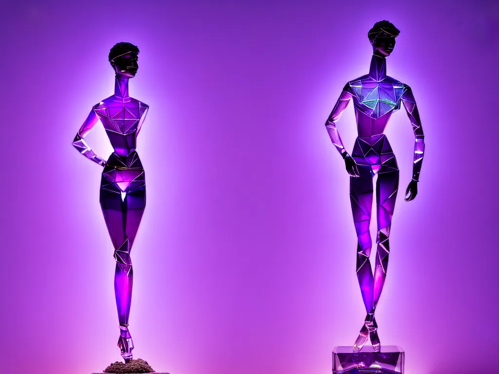 Image similar to beautiful mannequin sculpted out of amethyst by billelis + lit with purple 3 d geometric neon + chrome geometric cubed bonsai plants!!!!, doorway opening with neon pink geometric light, clean linework, dramatic, finely detailed, rule of thirds, moody, confident, award winning, 4 k, trending on artstation, photorealistic, volumetric lighting, octane render