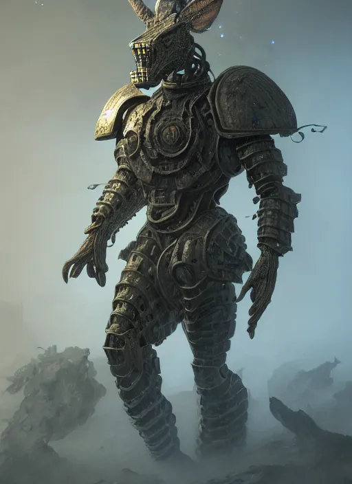 Image similar to hyperrealistic mixed media portrait of a Warhammer Gorr armored warrior creature, stunning 3d render inspired art by Michael Parkes + dim volumetric lighting, 8k octane beautifully detailed render, post-processing, extremely hyperdetailed, intricate, epic composition, grim yet sparkling atmosphere, cinematic lighting + masterpiece, trending on artstation