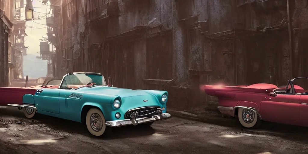 Prompt: a wholesome animation key shot of a focused old 1955 Ford Thunderbird car parked in an abandoned alleyway, medium shot, waist up, studio Ghibli, Pixar and Disney animation, sharp, very detailed, high resolution, Rendered in Unreal Engine 5, anime key art by Greg Rutkowski, Bloom, dramatic lighting