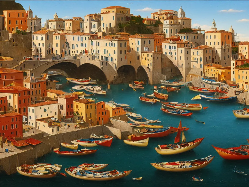 Image similar to A detailed oil painting of a beautiful Italian coastal town, bridge, boats, by Michiel Schrijver, isometric