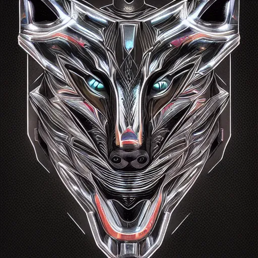 Image similar to chrome wolf, glossy, metallic, neon, symmetrical, tribal patterns, realistic, unreal engine, octane, redshift, artstation, behance, tattoo, art by joshy sly, sandra pelser