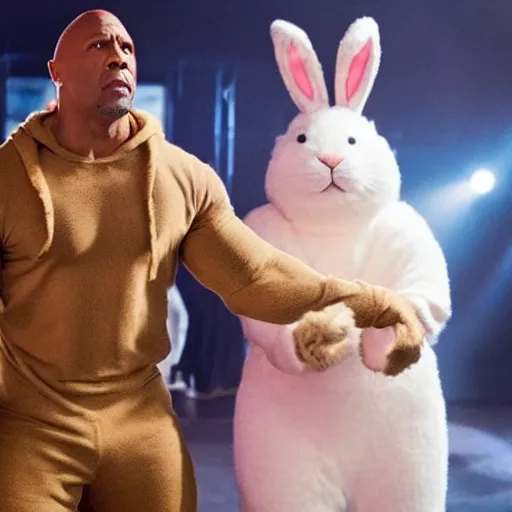 Image similar to Kevin Hart dressed in a bunny costume with Dwayne the Rock Johnson in a movie