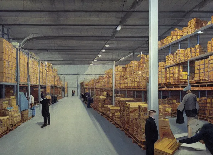 Image similar to inside a giant warehouse Amazon fulfillment center, people stacked on shelves in plastic bags Edward Hopper and James Gilleard, Zdzislaw Beksinski, highly detailed