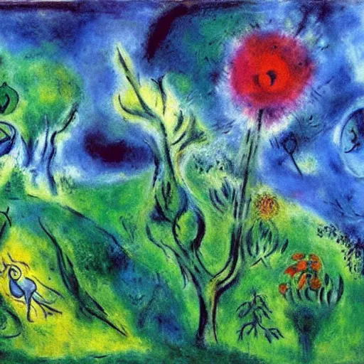 Image similar to painting of a lush natural scene on an alien planet by marc chagall. beautiful landscape. weird vegetation. cliffs and water.