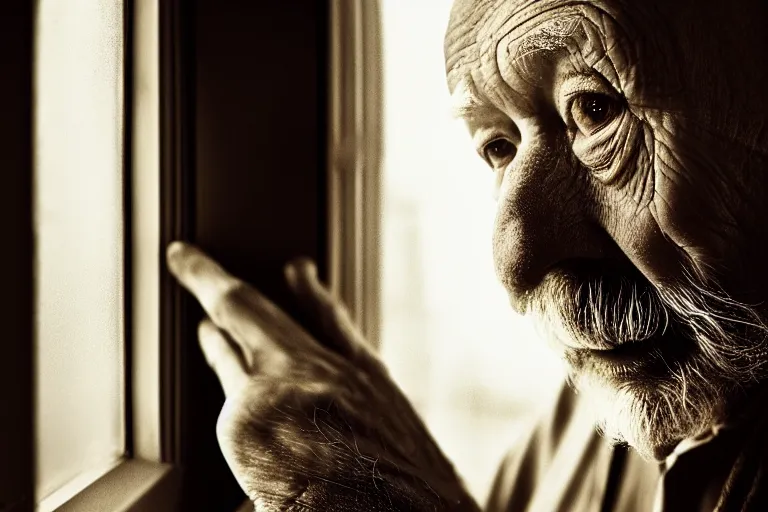 Prompt: a cinematic, close up portrait, of an old man, looking in the window, fantasy, dramatic, soft light, dreamy, facial features, detailed, deep focus, movie still, dramatic lighting, ray tracing, by hendrik kerstens and paolo roversi