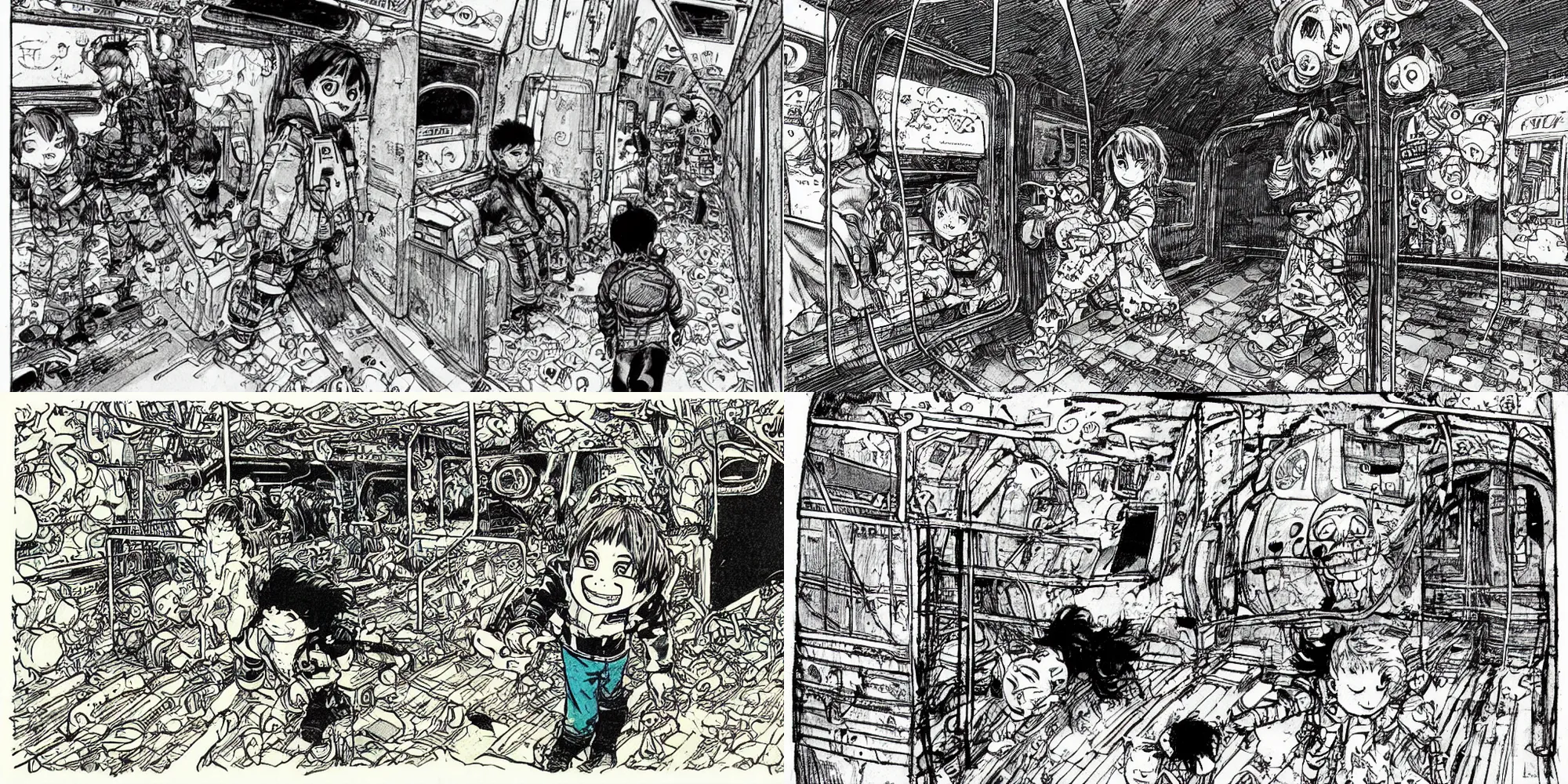 Prompt: illustration of a child hiding from monster train in the subway, by katsuya terada