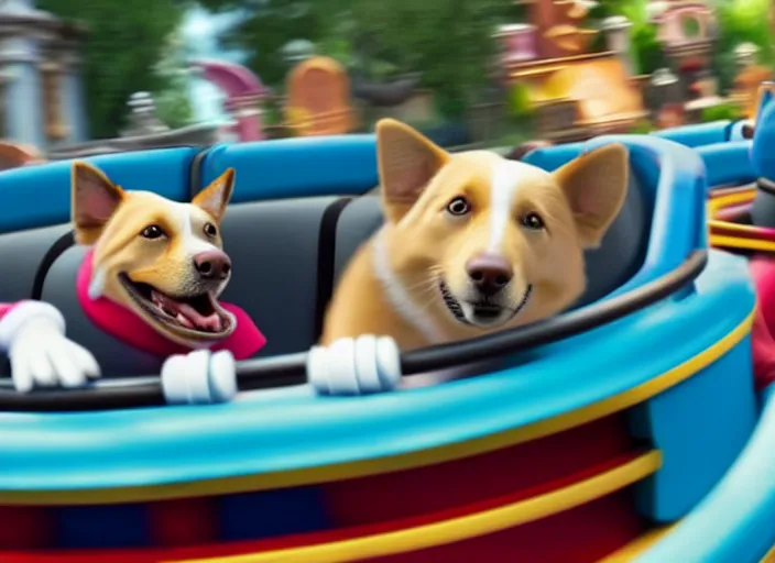 Prompt: film still of a dog riding a roller coaster in disneyland paris in the new kids movie, 8 k