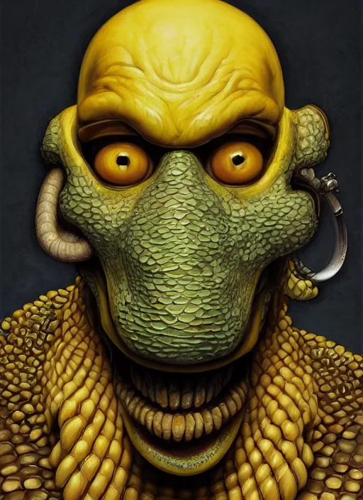 Image similar to homer simpson mf doom reptile eyes, yellow skin. intricate, elegant, highly detailed, centered, digital painting, artstation, concept art, smooth, sharp focus, illustration, artgerm, tomasz alen kopera, peter mohrbacher, donato giancola, joseph christian leyendecker, wlop, frank frazetta