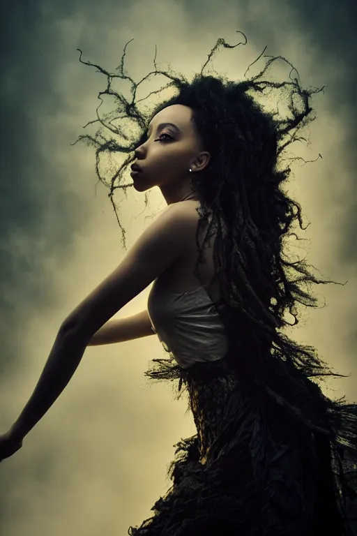 Image similar to photoshoot of tinashe as mysterious dark goddess of death, realism, clouds, swirling energy, torn fabric, elaborate ornate growth, gilded relief, volumetric lighting, light shafts, ambient light, trending on artstation, by alessio albi