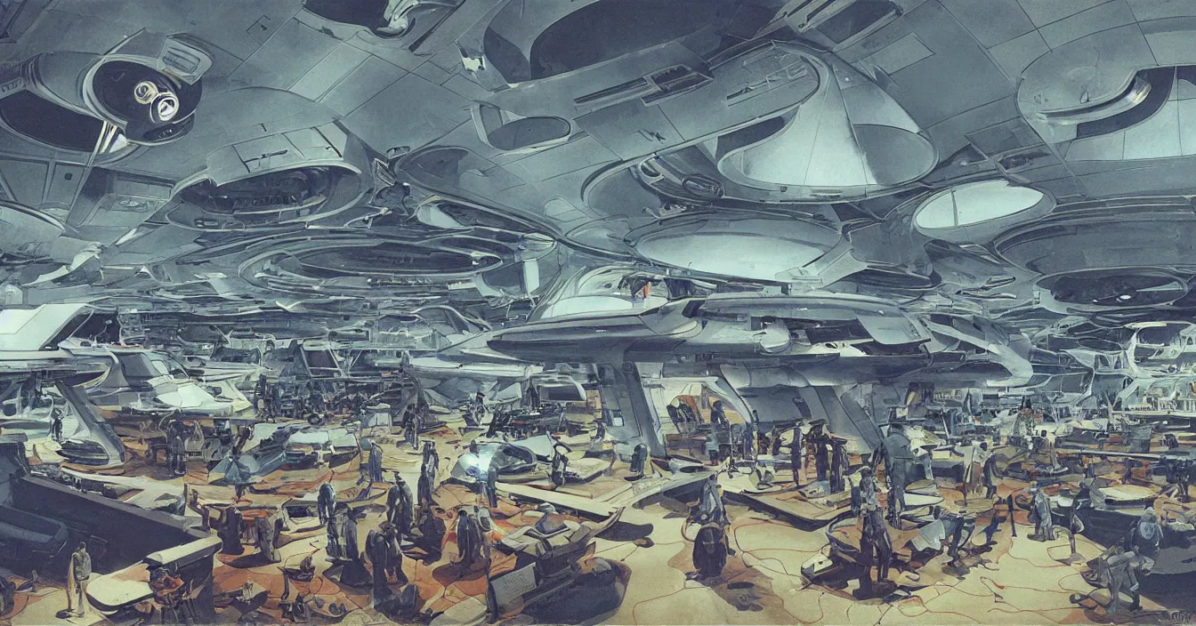 Prompt: Interior of the hall in area 55, full of alien military equipment, engineers working on flying saucers, high detail, wide perspective, saturated colors, by Vincent Di Fate