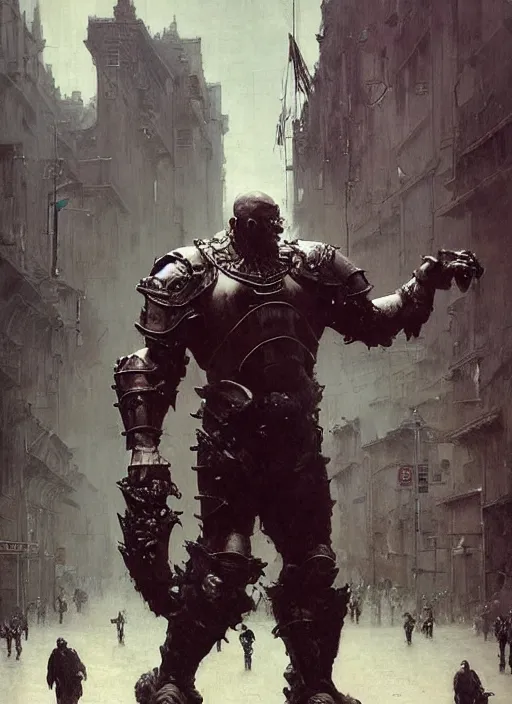 Image similar to full body portrait of martyn ford as huge towering bipedal horror demon with bulbous torso wearing armour walks down city street, people flee, painted by ruan jia, raymond swanland, lawrence alma tadema, zdzislaw beksinski, norman rockwell, jack kirby, tom lovell, alex malveda, greg staples