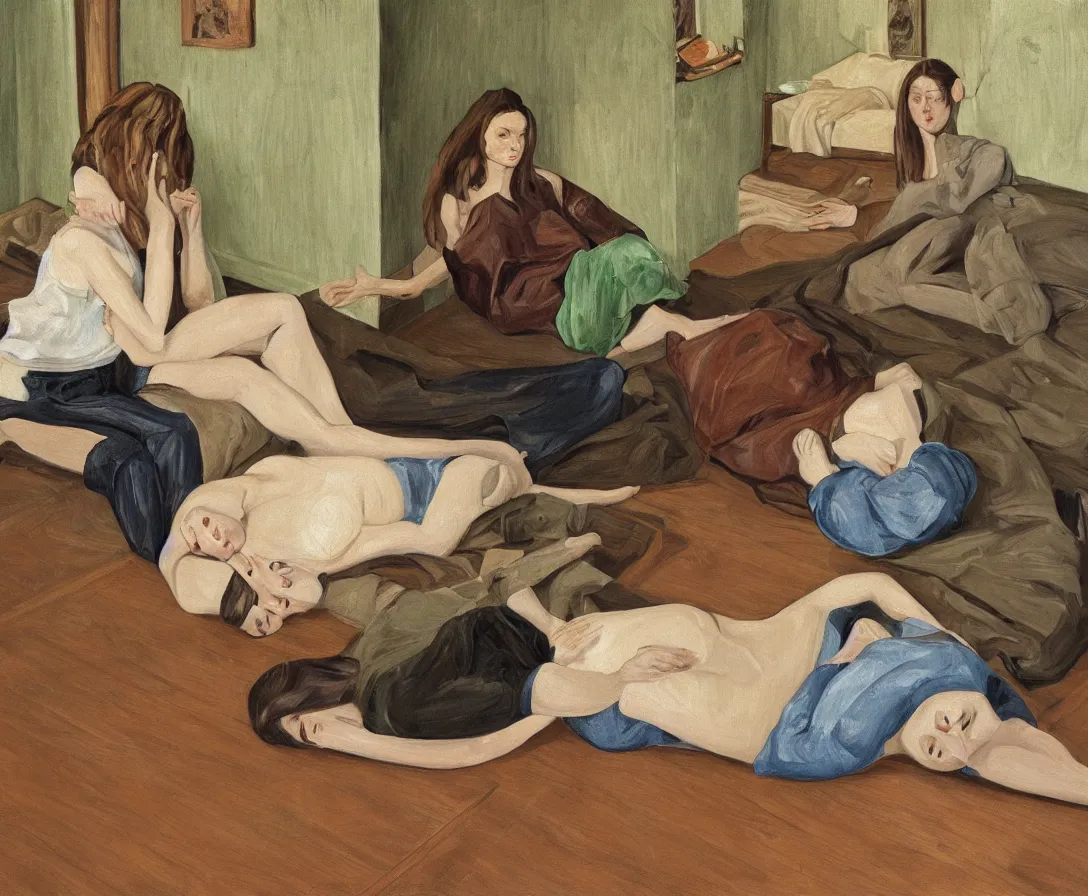 Image similar to portrait of two women lying horizontal, in an empty old english apartment with wooden floor on a brown leather sofa. one is wearing a dark blue sweather, the other a white shirt. brown hair, they are looking into the camera. wide shot. in the style of lucien freud. oil painting. green mood. isometric perspective