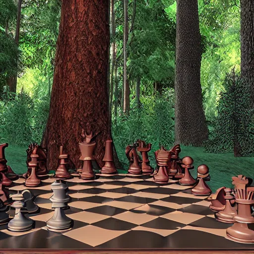 Image similar to videogame still of epic 3D chessboard and chess pieces in the magic kingdom forest of trees style