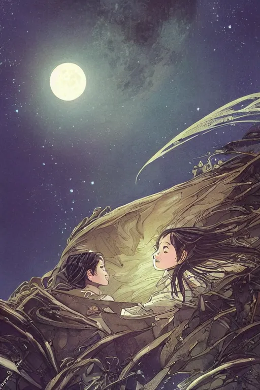 Image similar to a full moon containing the glimmering stairways to otherworldly galaxies, high intricate details, rule of thirds, golden ratio, cinematic light, anime style, graphic novel by fiona staples and dustin nguyen, by beaststars and orange, peter elson, alan bean, studio ghibli, makoto shinkai