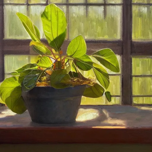 Prompt: leaves grow from a head in a pot, on wooden table in the ray of sunshine in greenhouse, oil painting, sharp focus, high detailed, calm, warm lighting, sparkles, by Rutkowsky,