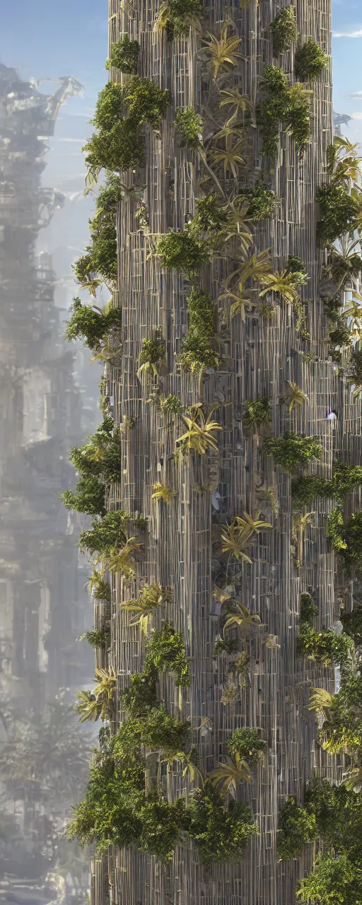 Image similar to solarpunk style, eye level view of a contemporary tower, golden intricate details, stone facade, sacred architecture, hanging gardens, cascading highrise, arid mountains with lush palm forest, photorealistic, sunlight, 8 k, post - production, octane, cgi, sfx