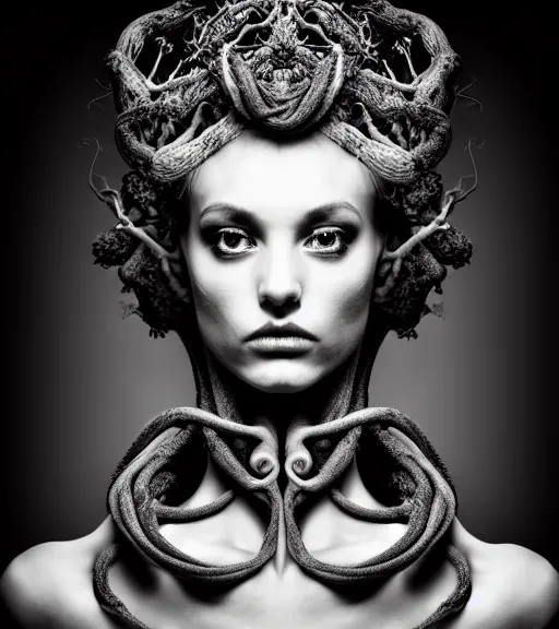 Image similar to dark background, a black and white high quality dreamy photo of a young beautiful female queen-vegetal-dragon-cyborg bust with a very long neck and delicate Mandelbrot fractal face, anatomical, facial muscles, veins, arteries, elegant, highly detailed, flesh highly baroque ornate, hair are curled wired cables, elegant, poetic, dreamy, mysterious, high fashion, rim light, in the style of Ellen von Unwerth, Realistic, Refined, Digital Art, Highly Detailed, Cinematic Lighting, rim light, black and white, photo-realistic, 8K