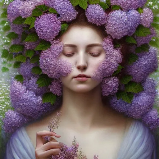 Prompt: portrait of a lilac hair goddess of light through hydrangeas flowers, soft rose and dried petals, painterly, highly detailed, 8 k, by tomasz alen kopera, h 6 6 0