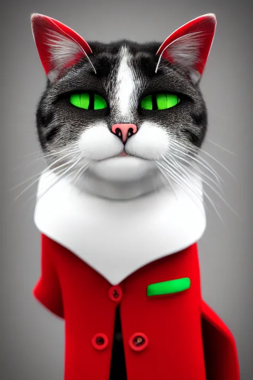 Image similar to a cat wearing a red and green formal overcoat, hyperrealistic, concept art, octane render, unreal engine 5, realistic and defined face, profile picture, digital art, pixar and disney, symmetrical, high quality, highly detailed, high coherence, path traced, house background, low contrast, beautiful