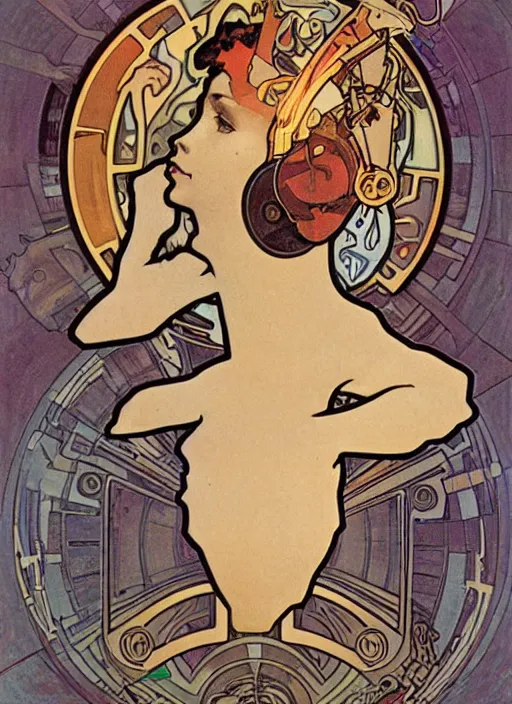 Prompt: cyborg connected to a brain-machine interface by Alphonse Mucha