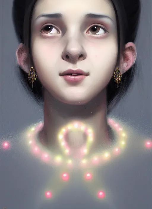 Image similar to portrait of teenage girl, narrow face, black hair, bangs, half updo hairstyle, skinny, big nose, smile, unattractive, defined jawline, big chin, wearing hair bow, earrings, intricate, elegant, glowing lights, highly detailed, digital painting, artstation, sharp focus, illustration, art by wlop, mars ravelo and greg rutkowski