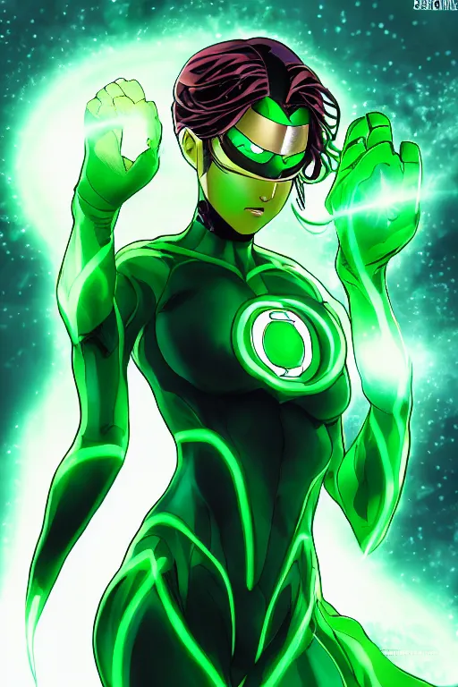 Image similar to anime key visual of a beautiful female green lantern, intricate, glowing accents, powers, glowing ring, speed, goddess, dc comics, cinematic, stunning, highly detailed, digital painting, artstation, smooth, hard focus, illustration, character concepts by senior concept artist