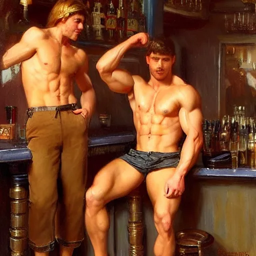 Prompt: attractive muscular male with brunet hair and attractive muscular male with blond hair. pants and shorts, drinking their hearts out, in a pub. very defined and detailed painting by gaston bussiere, j. c. leyendecker, craig mullins 8 k