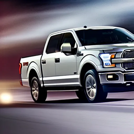 Prompt: ford f - 1 5 0 driving behind a car on the highway with the highbeams on, nighttime, photo, detailed