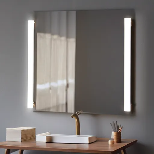 Image similar to zen minimalist modern vanity mirror soft light with flowers