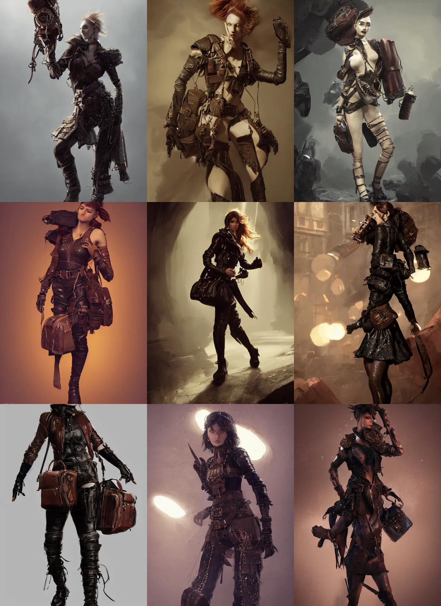 Prompt: a young woman wearing a leather outfit with straps and padding and satchels and bags and holsters and decorations,!!! haute couture!!!, elaborate, intricate, in the style of craig mullins and jeremy mann and ashley wood, dramatic lighting, octane render, fashion shoot, sharp focus