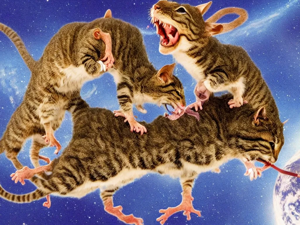 Image similar to a cat eating a mouse on top on a t-rex in space