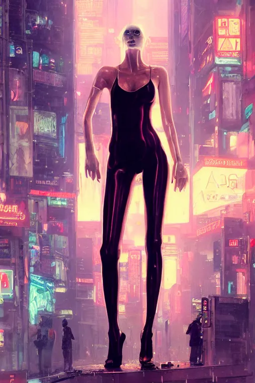 Image similar to gorgeous portrait of a tall beautiful white female anthro fox smoking a cigarette towering head and shoulders above the bustling crowd of a rainy city street around her, sci fi bodysuit, cyberpunk, harsh neon lights, highly detailed, sharp focus, digital painting, illustration, trending on artstation, art by sakimichan, wlop, greg rutkowski