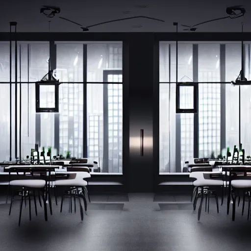 Prompt: modern high end designer restaurant at night in the foggy rain, lovers dining, symmetrical art deco office building with accent lighting, moody, epic composition, professional photograph, highly detailed, warm lighting interior, matte painting, large windows, dramatic lighting, unreal engine