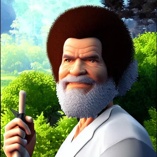 Prompt: Bob Ross as a Square Enix Villain 2005 JRPG cinema 4d render, Ray tracing reflection, natural lighting, Unreal Engine award winning photography