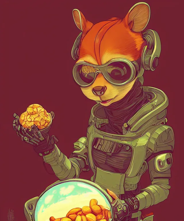 Image similar to a portrait of an anthropomorphic cyberpunk chipmunk holding a gigantic peanut, cyberpunk!, fantasy, elegant, digital painting, artstation, concept art, matte, sharp focus, illustration, art by josan gonzalez