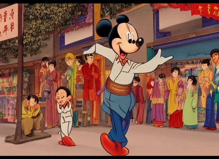 Prompt: a film still from the animation the chinese market ( 1 9 8 0 ) walt disney style, oscar winning animation, award winning