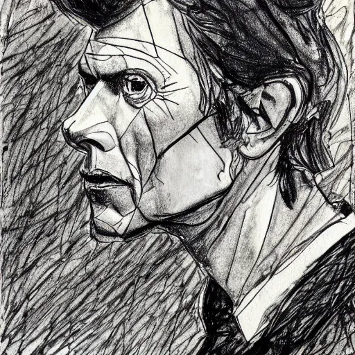 Prompt: a realistic yet scraggly portrait sketch of the side profile of a stern and sophisticated david bowie, trending on artstation, intricate details, in the style of frank auerbach, in the style of sergio aragones, in the style of martin ansin, in the style of david aja, in the style of mattias adolfsson