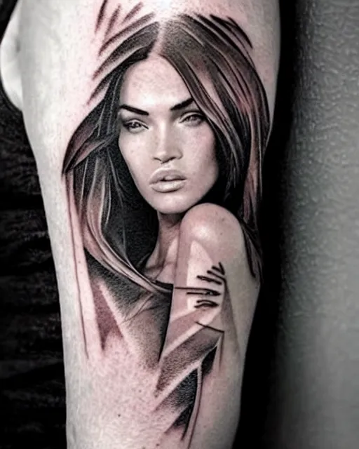 Image similar to creative double exposure effect tattoo design sketch of megan fox faded in beautiful mountain scenery, realism tattoo, in the style of matteo pasqualin, amazing detail, sharp