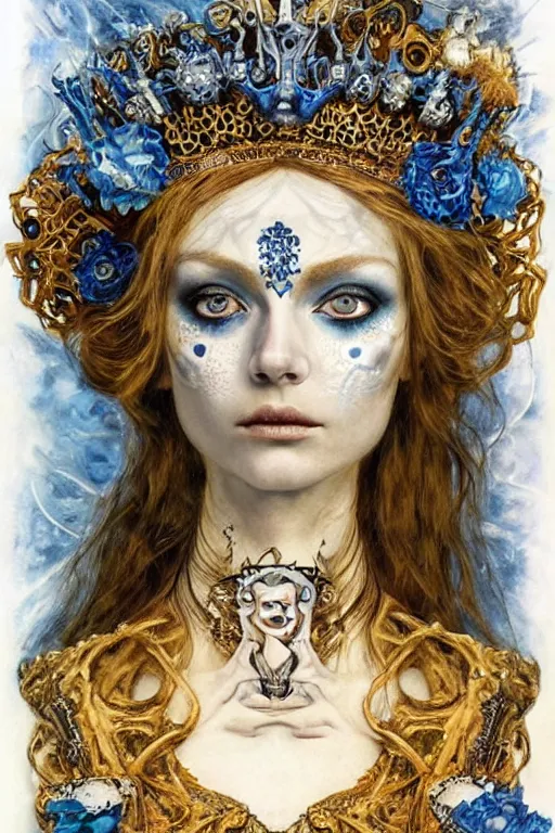 Prompt: The Princess of Bones by Karol Bak, Jean Deville, Gustav Klimt, and Vincent Van Gogh, portrait of a porcelain princess wearing a crown, porcelain ball-joint doll face with blue painted tattoos, pale blue eyes, mystic eye, otherworldly, crown made of bones, ornate jeweled crown, skulls, fractal structures, arcane, inscribed runes, infernal relics, ornate gilded medieval icon, third eye, spirals