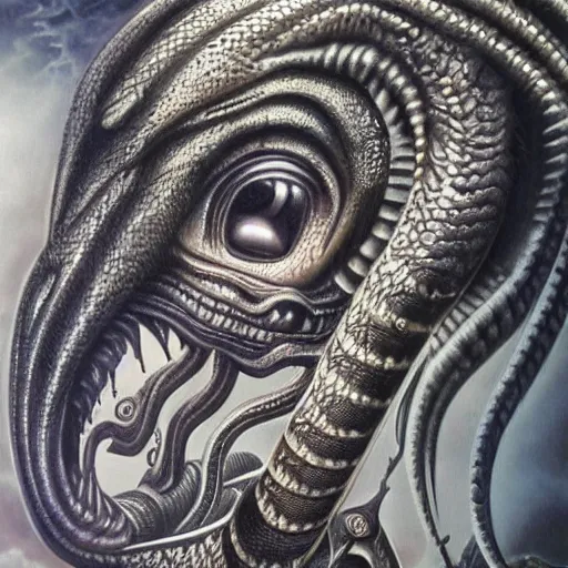 Prompt: naga serpent god, giger airbrush painting, highly detailed, intricate, beautiful craftsmanship,