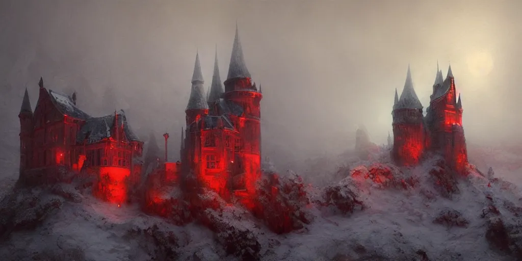 Image similar to A hyper realistic oil painting of a gothic castle made out of crimson stone, surrounded by snow, surrounded by fog, moody cinematic lighting, red moonlight above the castle, hyper detailed, by greg rutkowski, trending on artstation