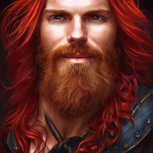 Image similar to portrait of a young ruggedly handsome but joyful pirate, male, masculine, upper body, red crimson hair, long flowing hair, fantasy, wide smirk, intricate, elegant, highly detailed, digital painting, artstation, concept art, matte, sharp focus, illustration, art by artgerm and greg rutkowski and alphonse mucha